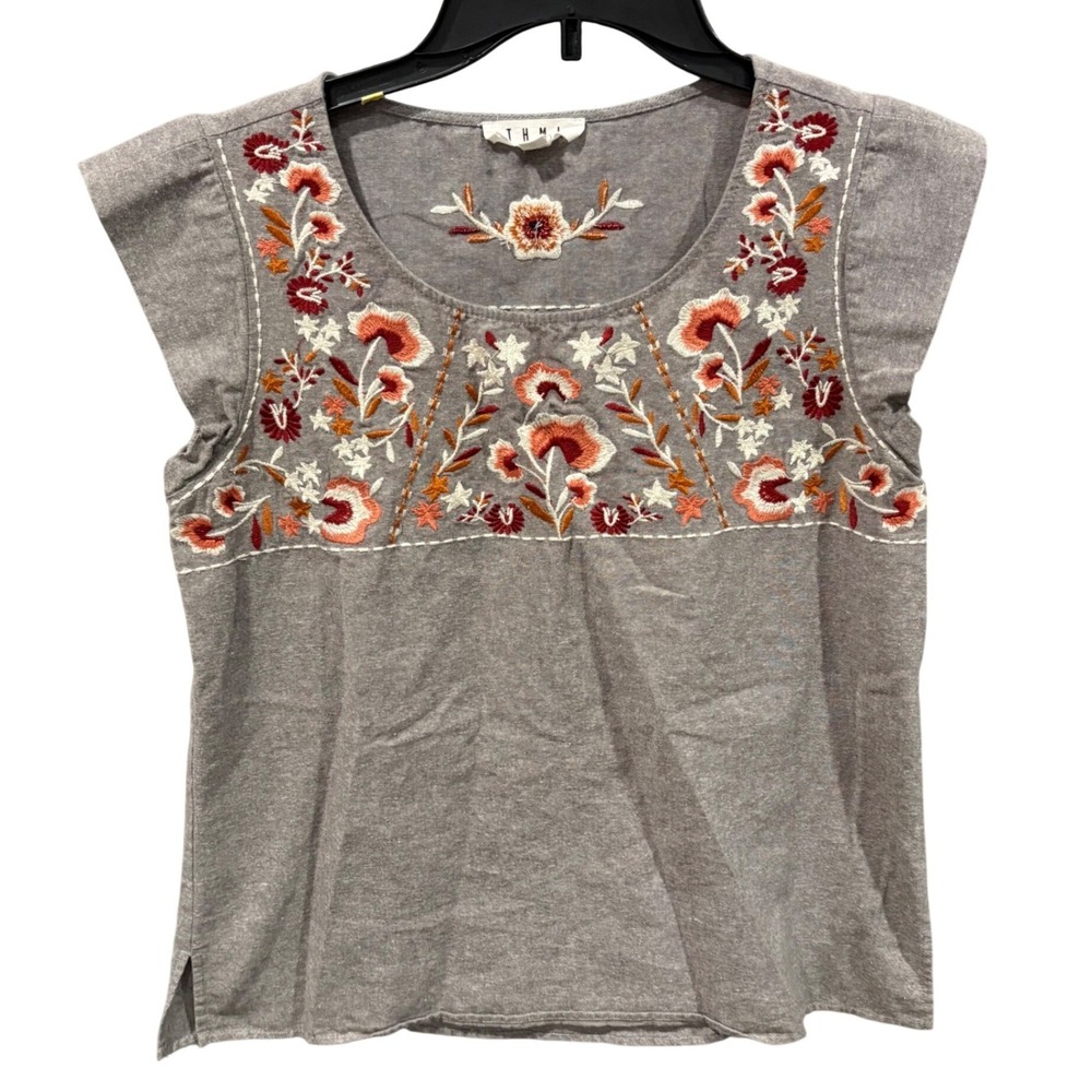 Anthropologie Boho Floral Embroidered Cap Sleeve Top Gray Babydoll Blouse THML S